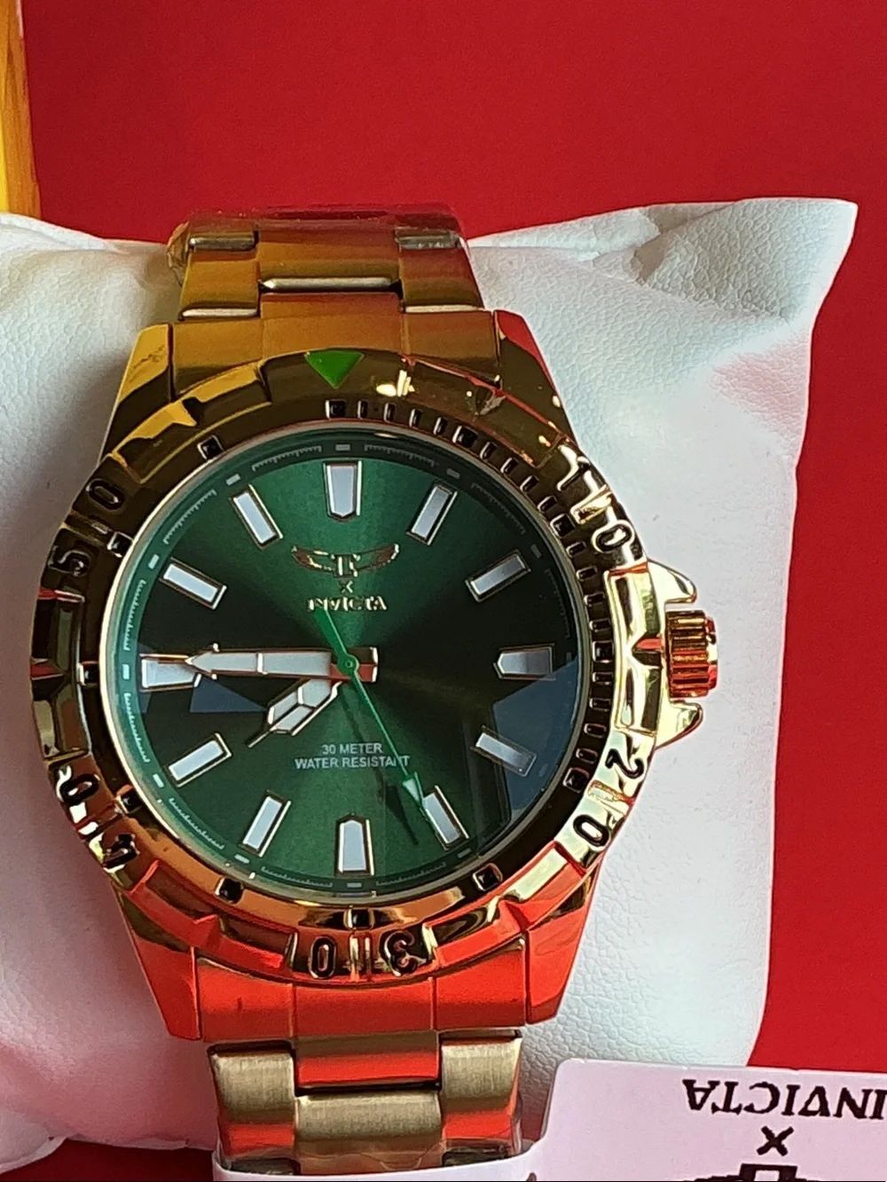 Invicta Gold Tone Watch with Green Dial and Bracelet (69034)